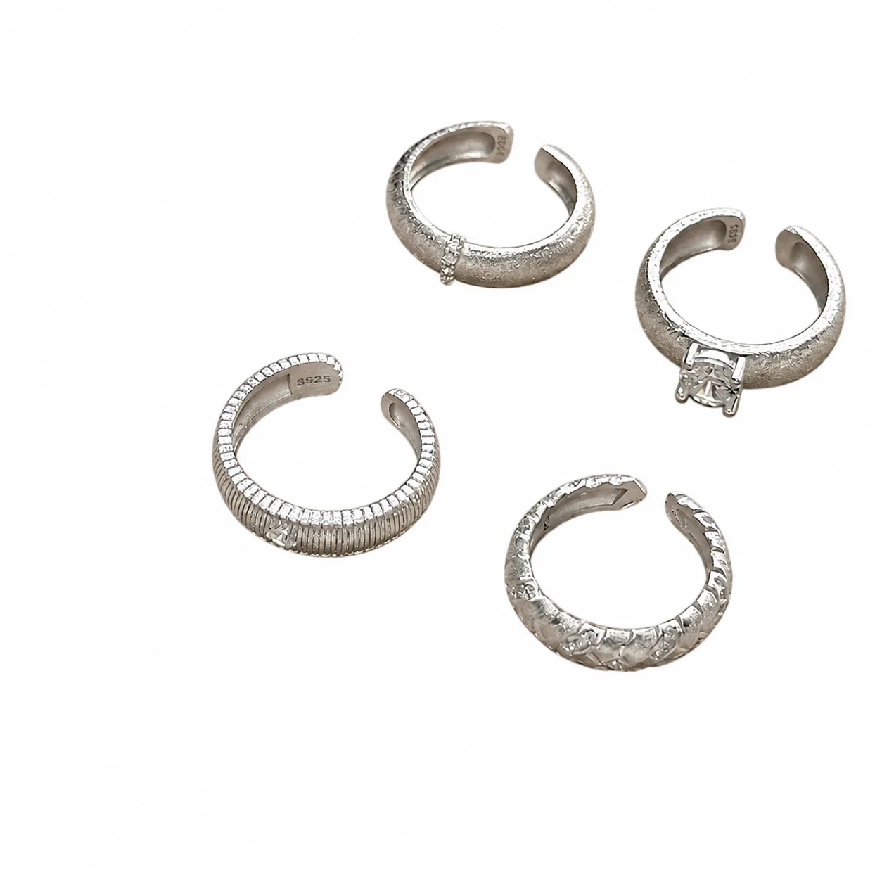 Satin 925 Sterling Silver Crystal-Set Ribbed Open Ring