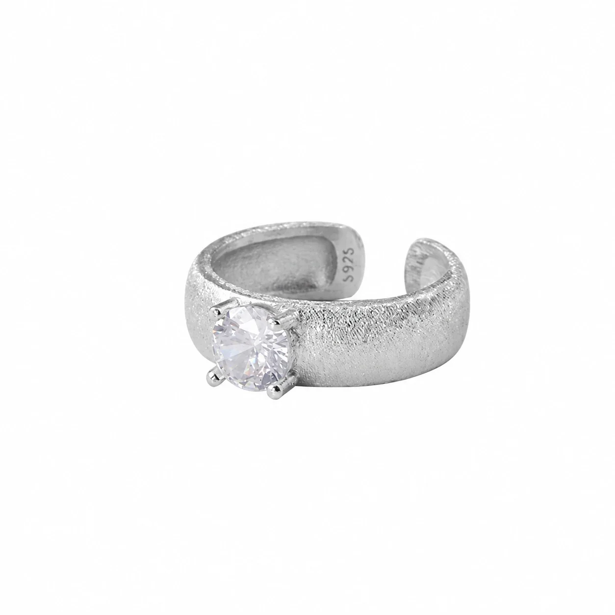 Satin 925 Sterling Silver Crystal-Set Ribbed Open Ring - Single Crystal