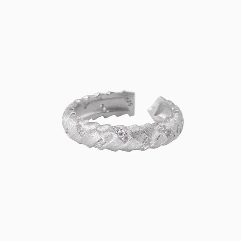 Satin 925 Sterling Silver Crystal-Set Ribbed Open Ring - Crossed Band