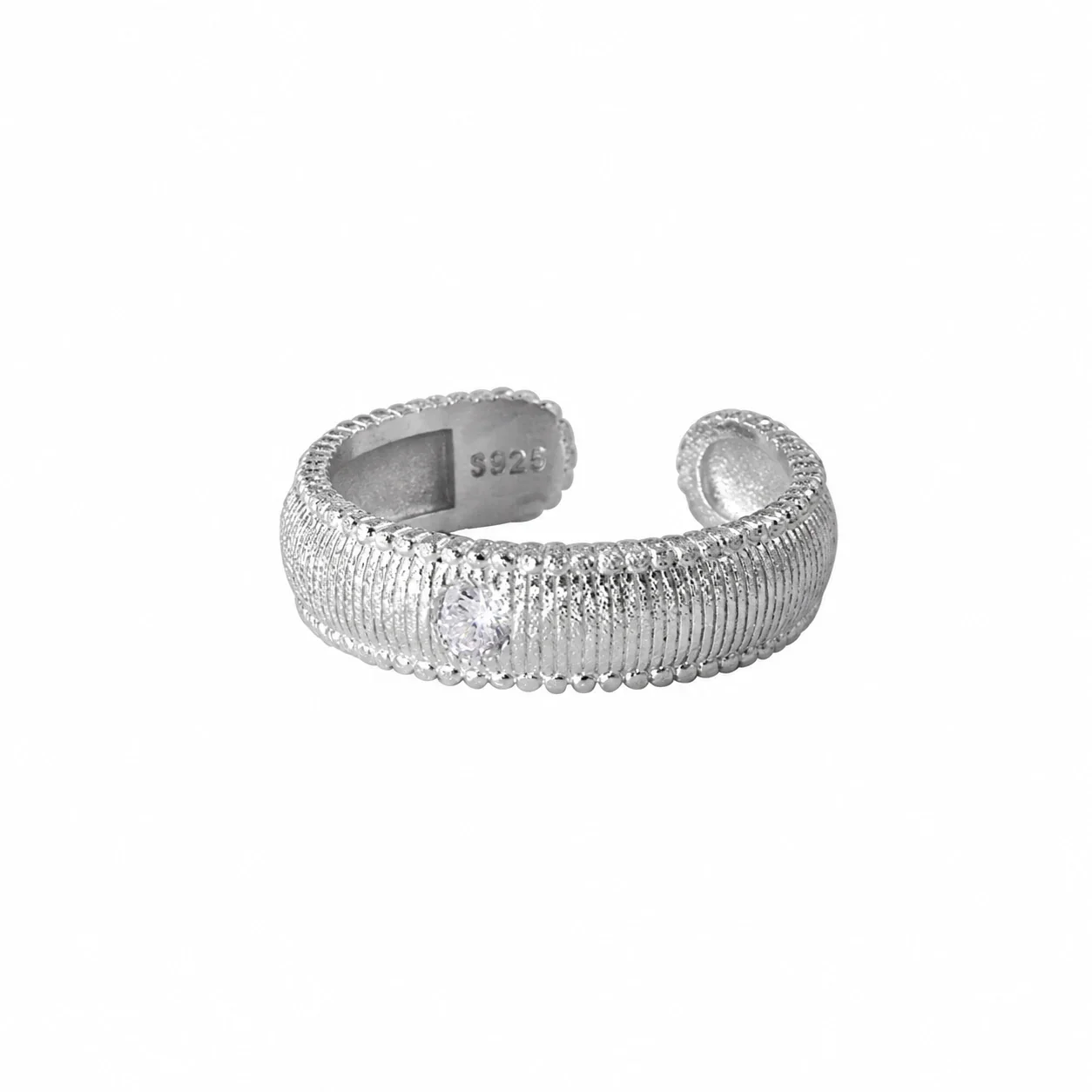 Satin 925 Sterling Silver Crystal-Set Ribbed Open Ring - Striped Band