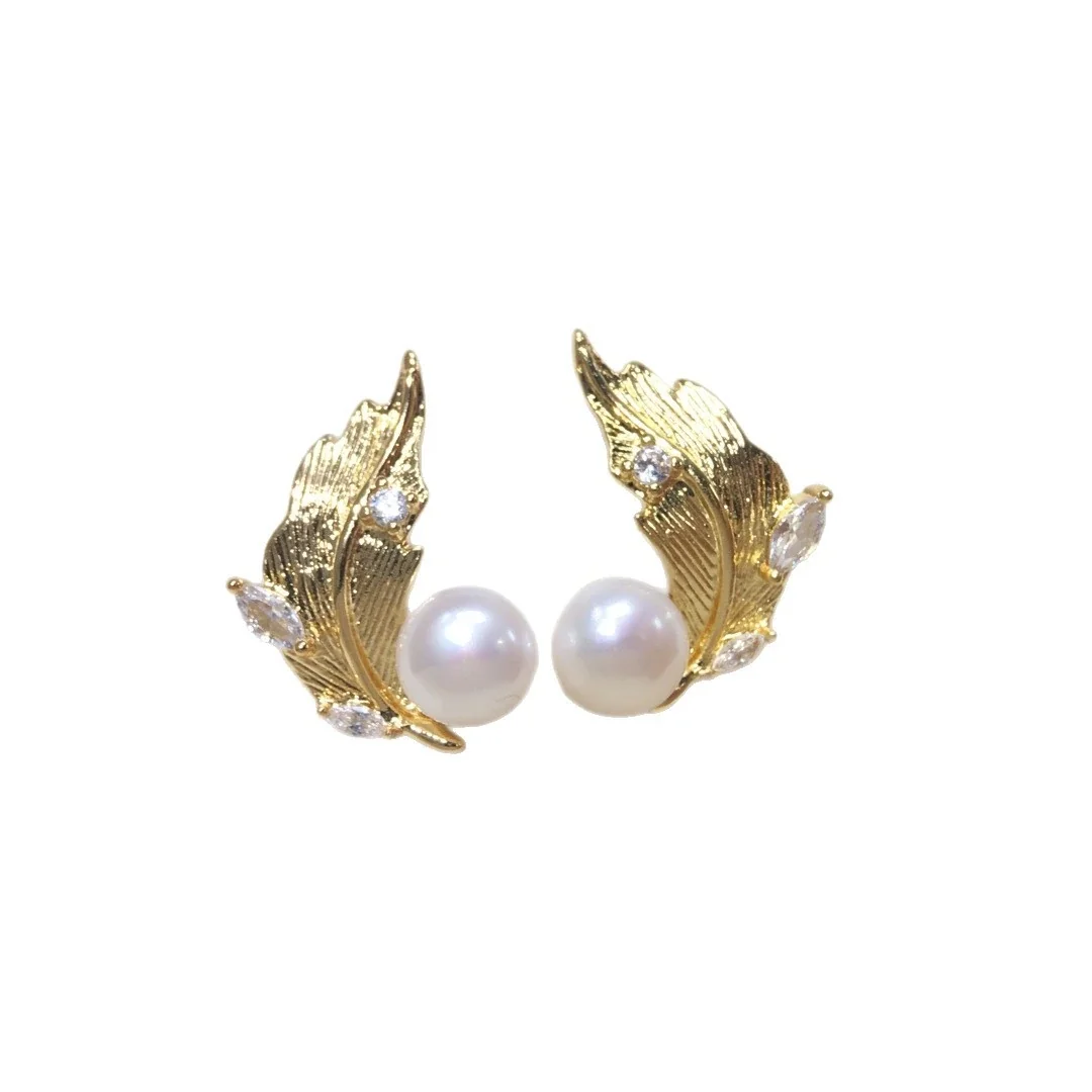 Ornate Gold-Plated Feather Pearl Crystal Stud Earrings