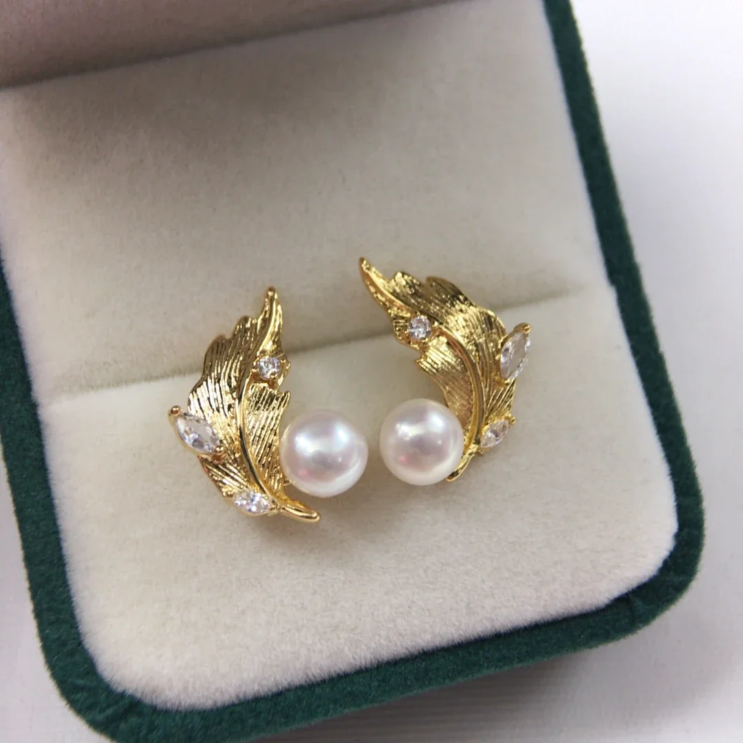 Ornate Gold-Plated Feather Pearl Crystal Stud Earrings