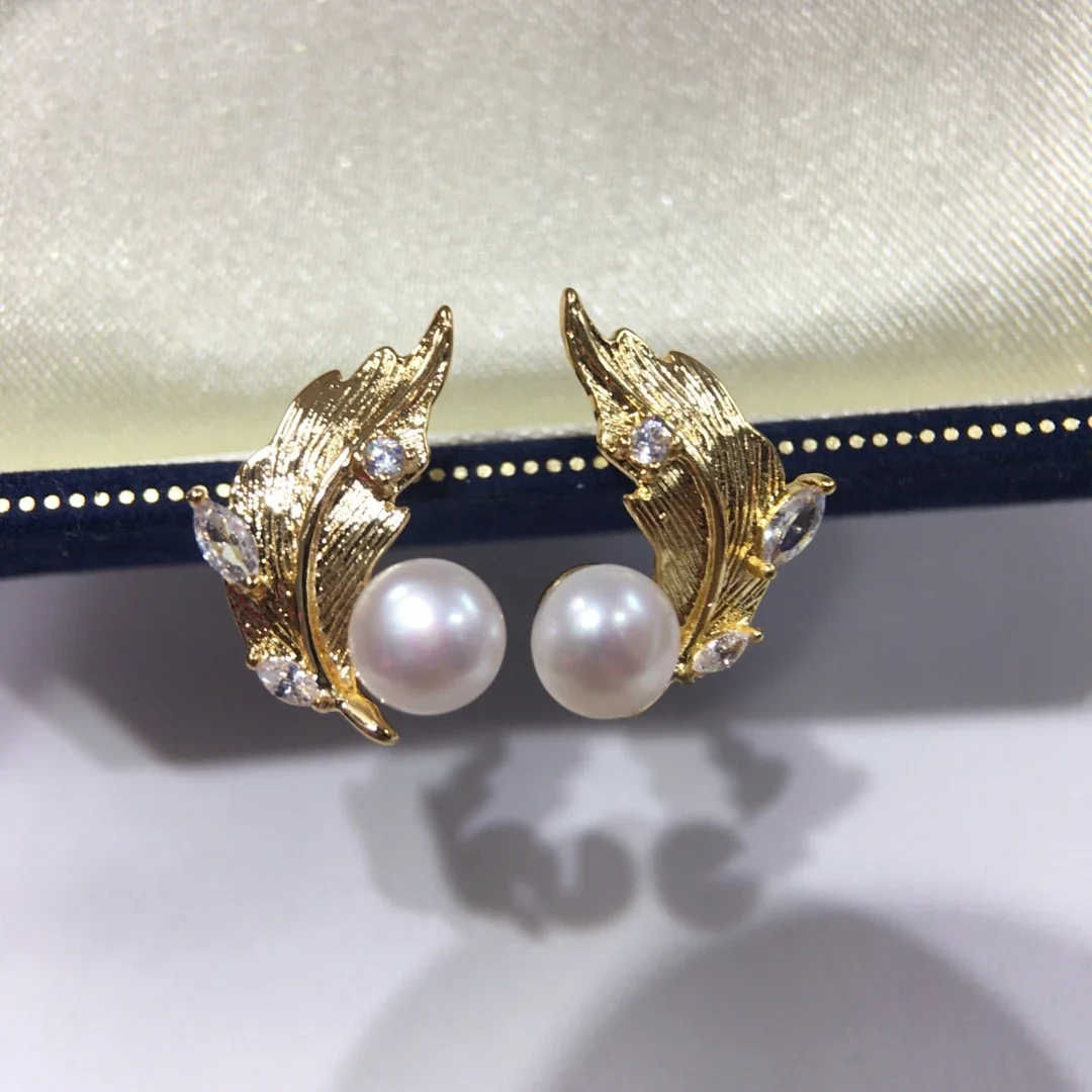 Ornate Gold-Plated Feather Pearl Crystal Stud Earrings