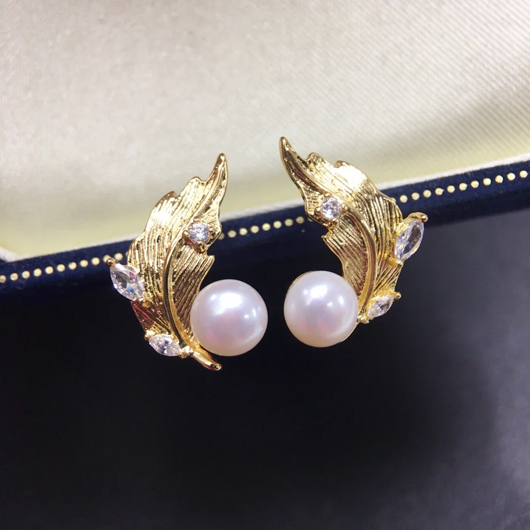 Ornate Gold-Plated Feather Pearl Crystal Stud Earrings