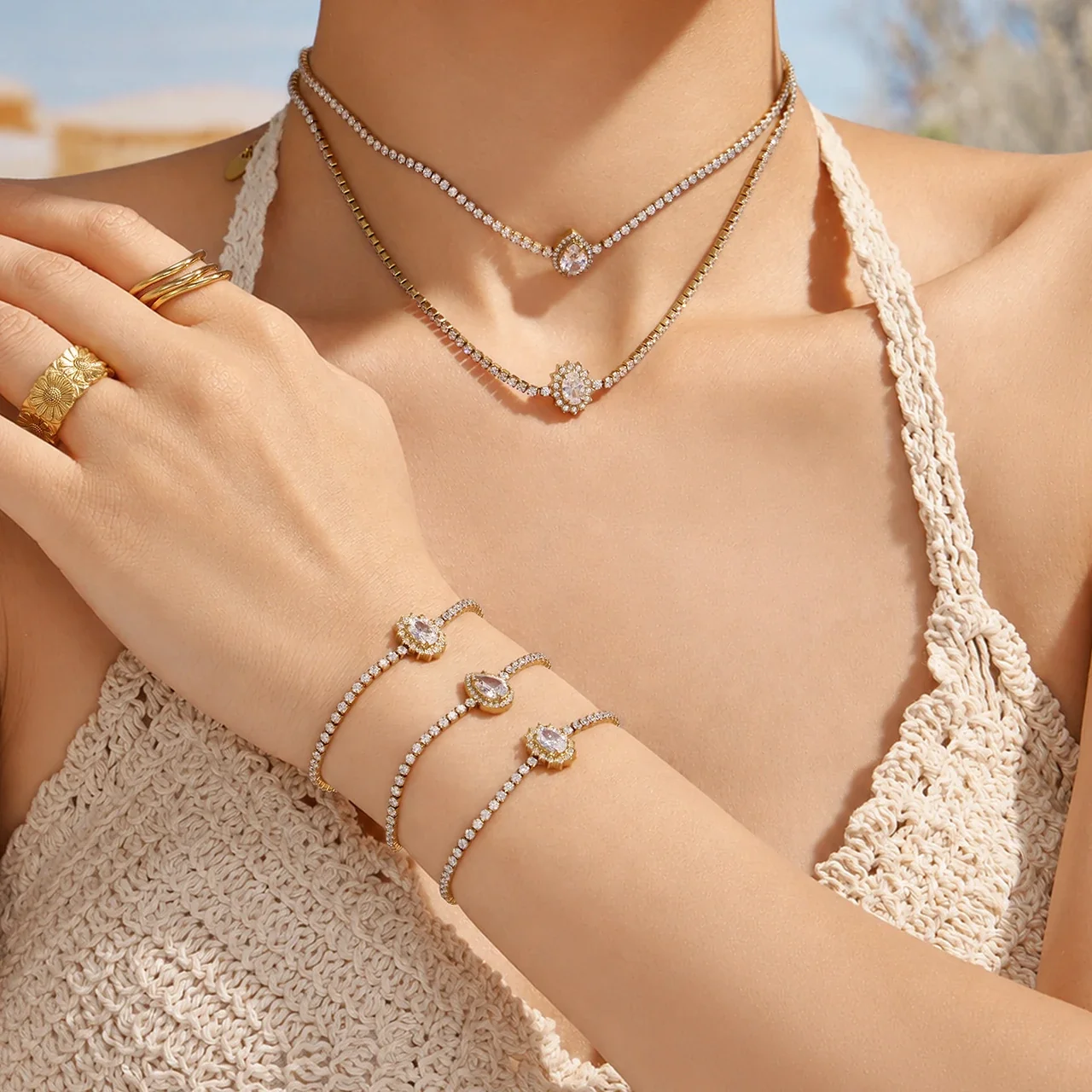 Radiant Gold-Plated Oval Teardrop Tennis Jewelry Set