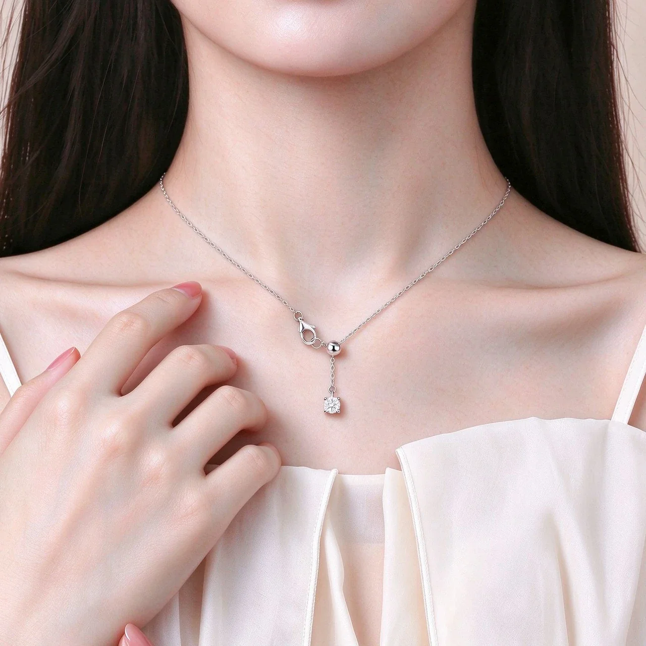 Dainty 925 sterling silver four-prong round cubic zirconia necklace
