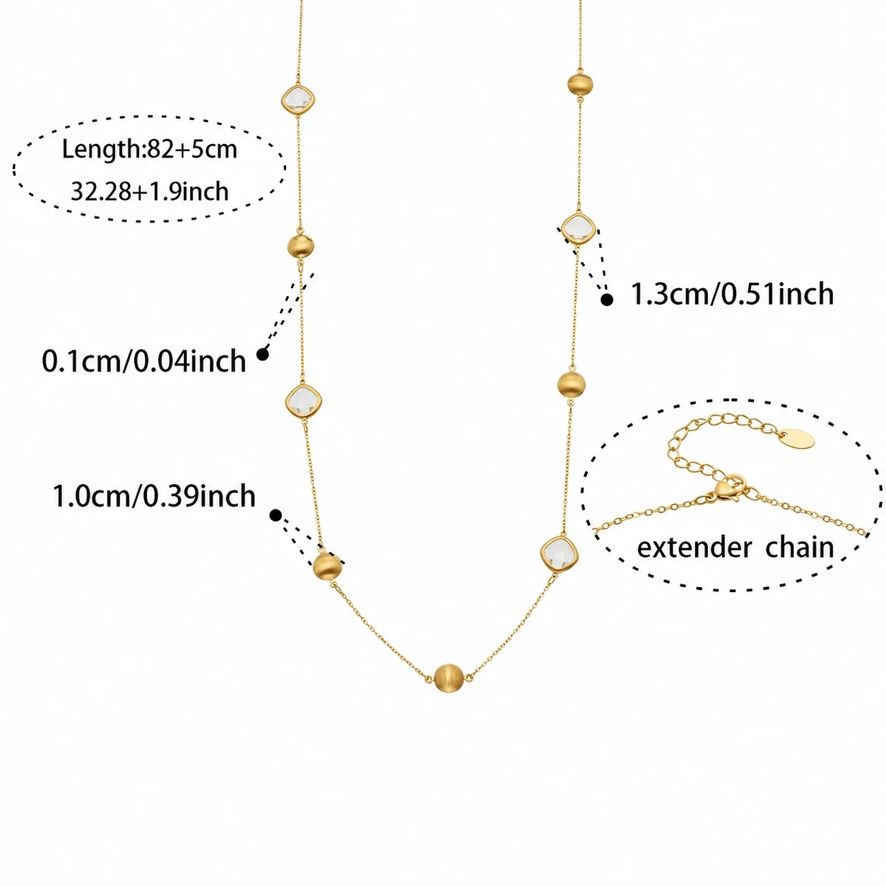 Lustrous Bezel Glass & Brushed Bead Steel Necklace - Gold Clear Glass 82+5 cm