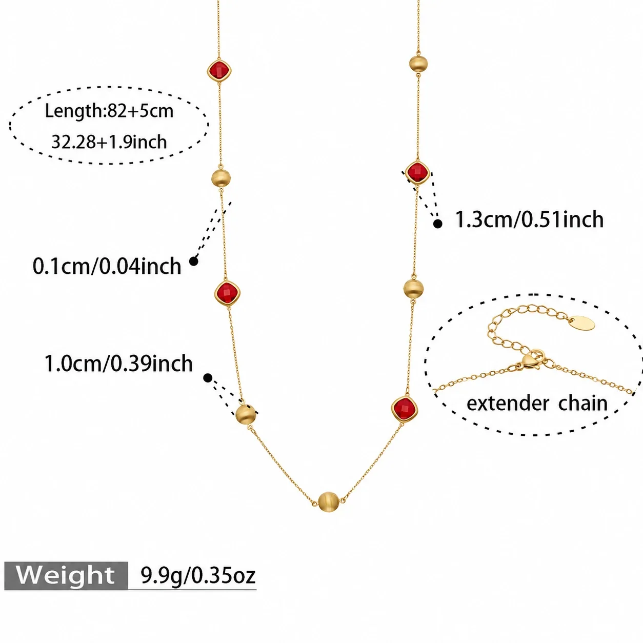 Lustrous Bezel Glass & Brushed Bead Steel Necklace - Gold Red Glass 82+5 cm