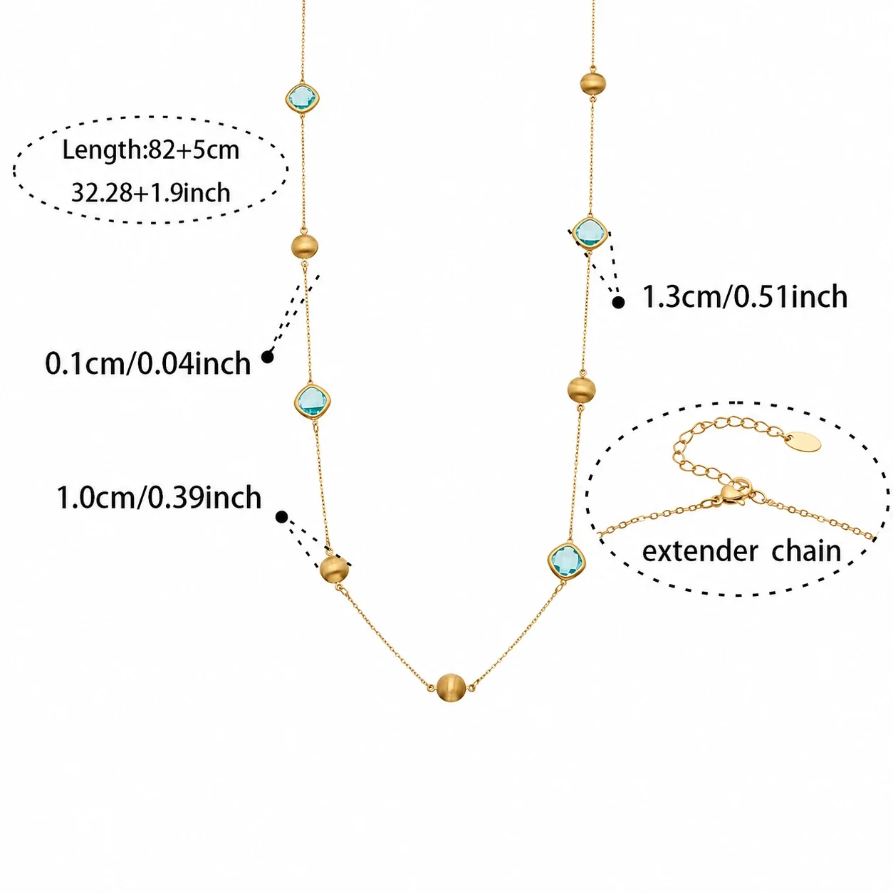 Lustrous Bezel Glass & Brushed Bead Steel Necklace - Gold Turquoise Glass 82+5 cm