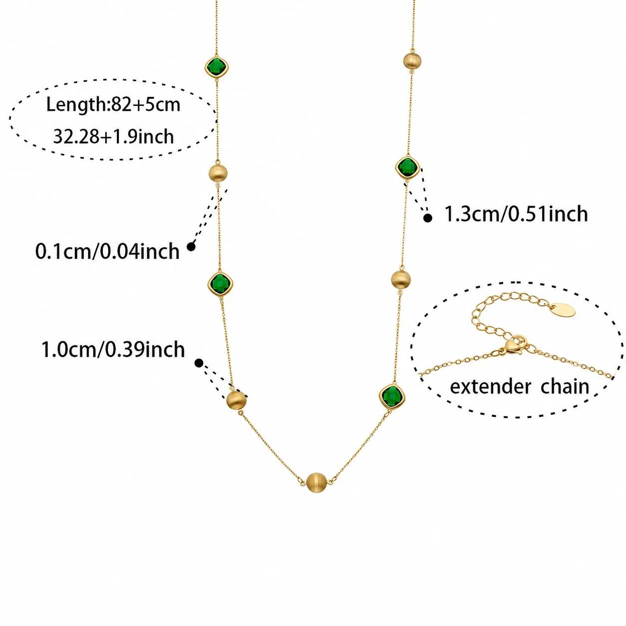 Lustrous Bezel Glass & Brushed Bead Steel Necklace - Gold Green Glass 82+5 cm