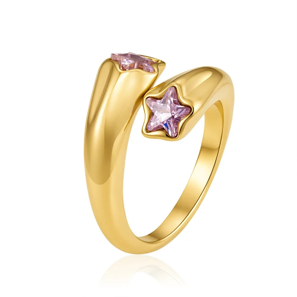 Playful 18K Gold-Plated Mixed Heart Bezel Open Ring - Pink Star Cubic Zirconia