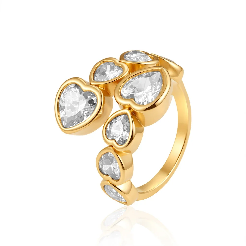Playful 18K Gold-Plated Mixed Heart Bezel Open Ring - White Heart Cubic Zirconia