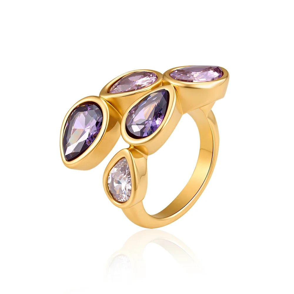 Playful 18K Gold-Plated Mixed Heart Bezel Open Ring - Pink and Purple Teardrop Cubic Zirconia