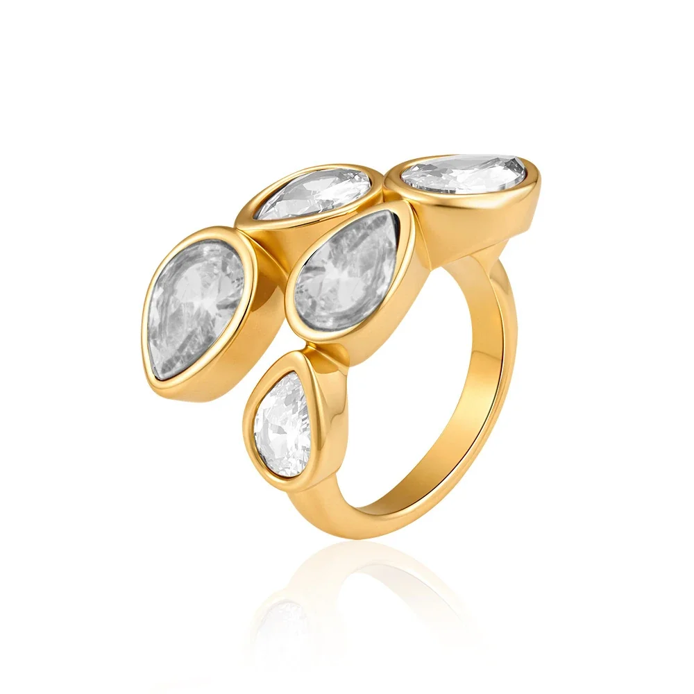 Playful 18K Gold-Plated Mixed Heart Bezel Open Ring - White Teardrop Cubic Zirconia