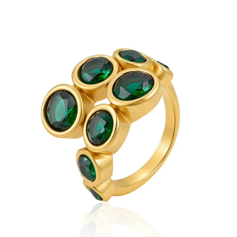 Playful 18K Gold-Plated Mixed Heart Bezel Open Ring - Green Round Cubic Zirconia