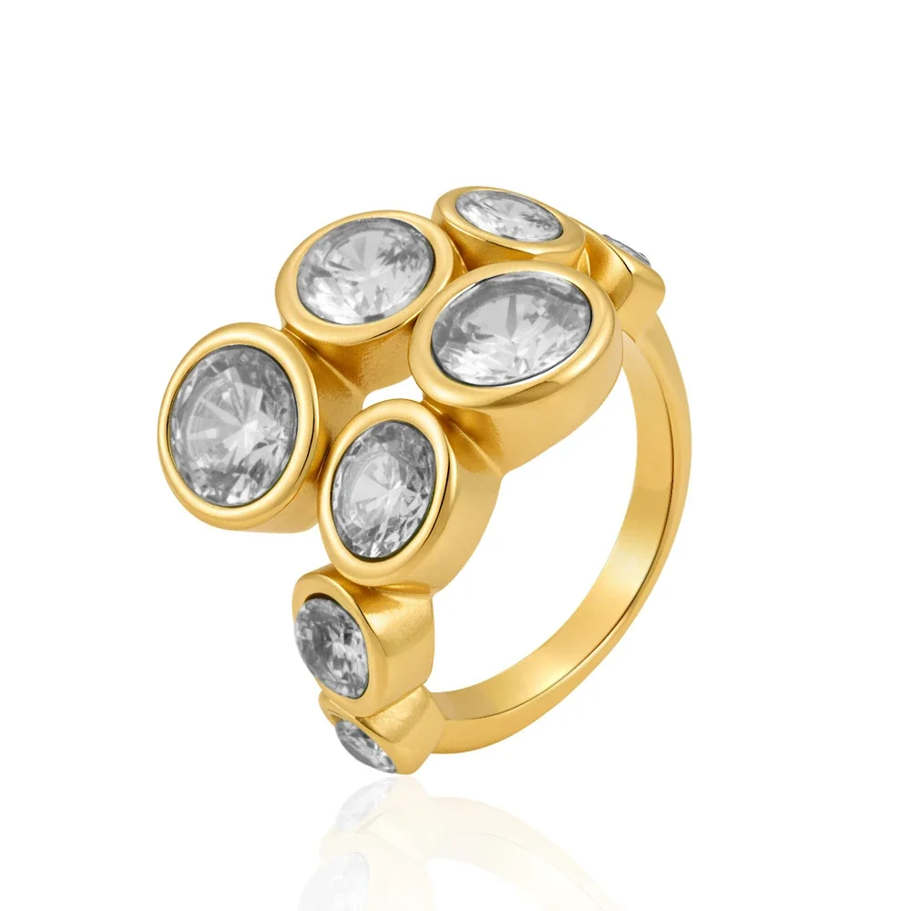 Playful 18K Gold-Plated Mixed Heart Bezel Open Ring - White Round Cubic Zirconia