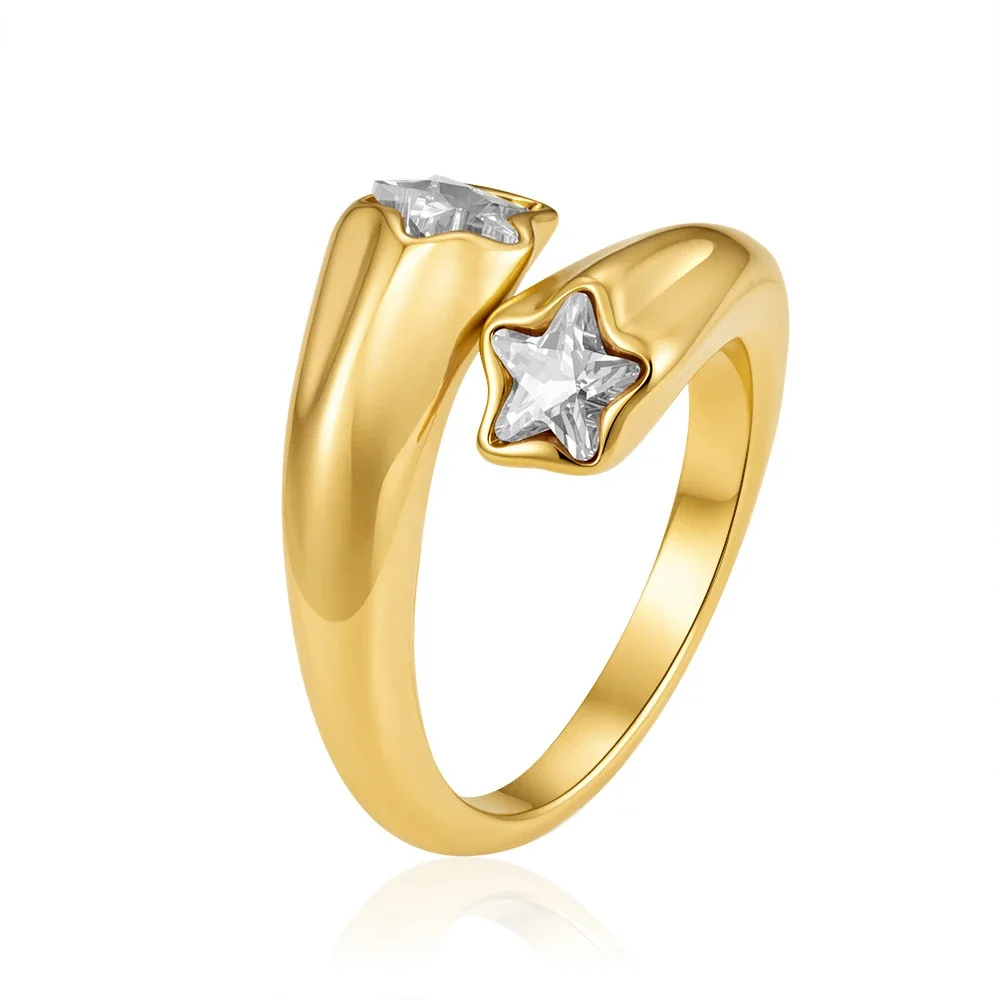 Playful 18K Gold-Plated Mixed Heart Bezel Open Ring - White Star Cubic Zirconia