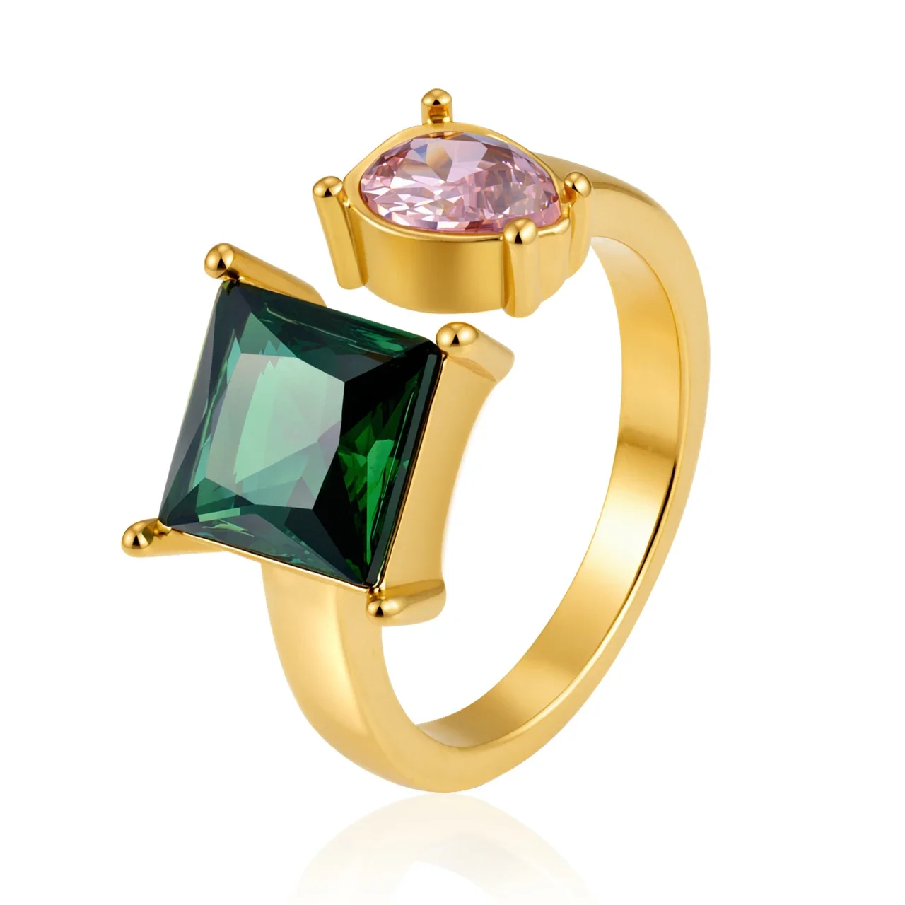 Playful 18K Gold-Plated Mixed Heart Bezel Open Ring - Green and Pink Square & Round Cubic Zirconia