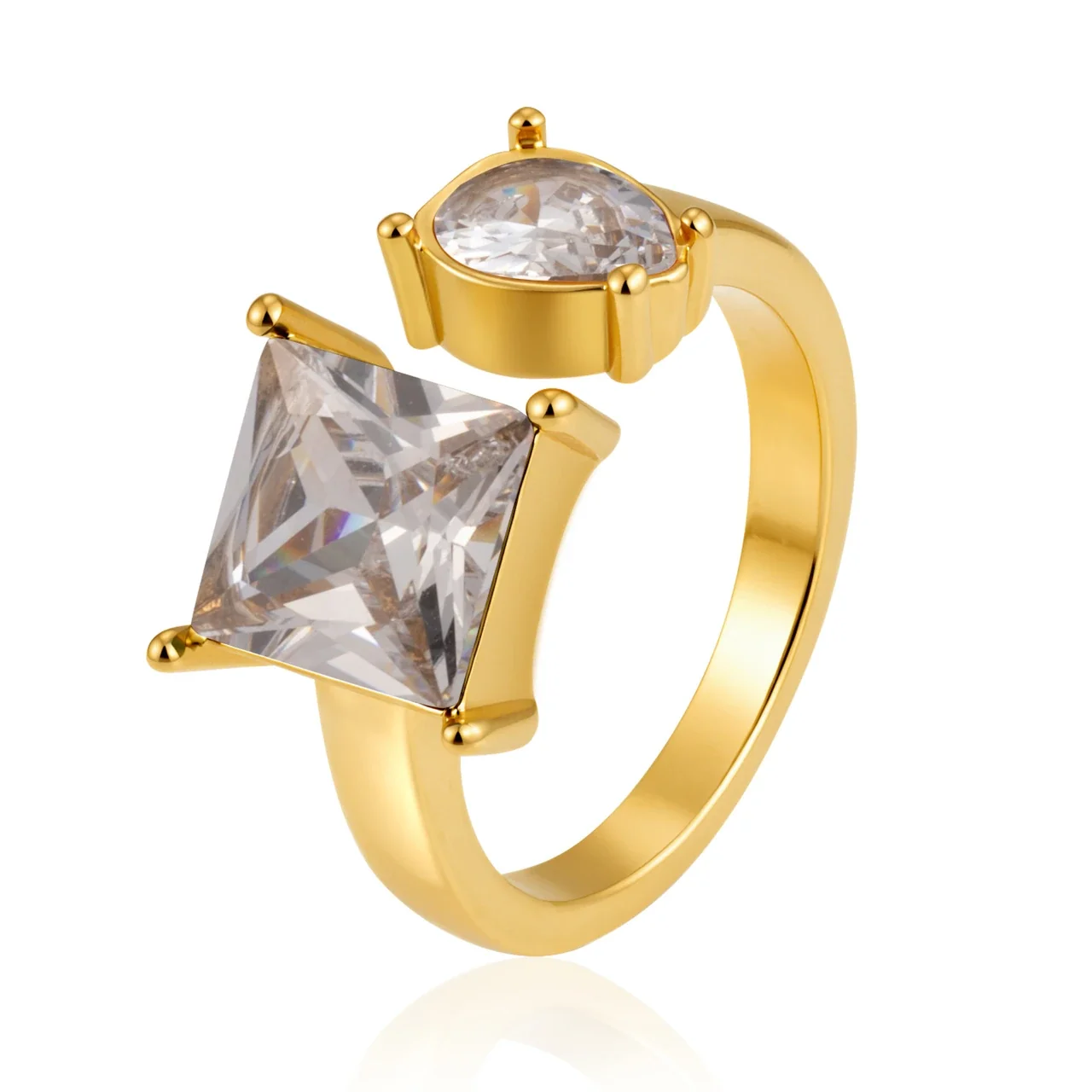 Playful 18K Gold-Plated Mixed Heart Bezel Open Ring - White Square & Round Cubic Zirconia