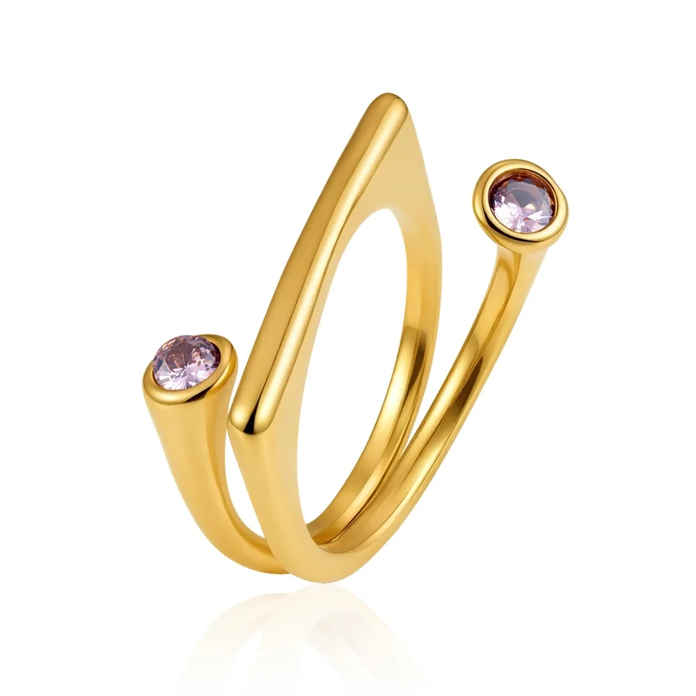 Playful 18K Gold-Plated Mixed Heart Bezel Open Ring - Pink Square Cubic Zirconia