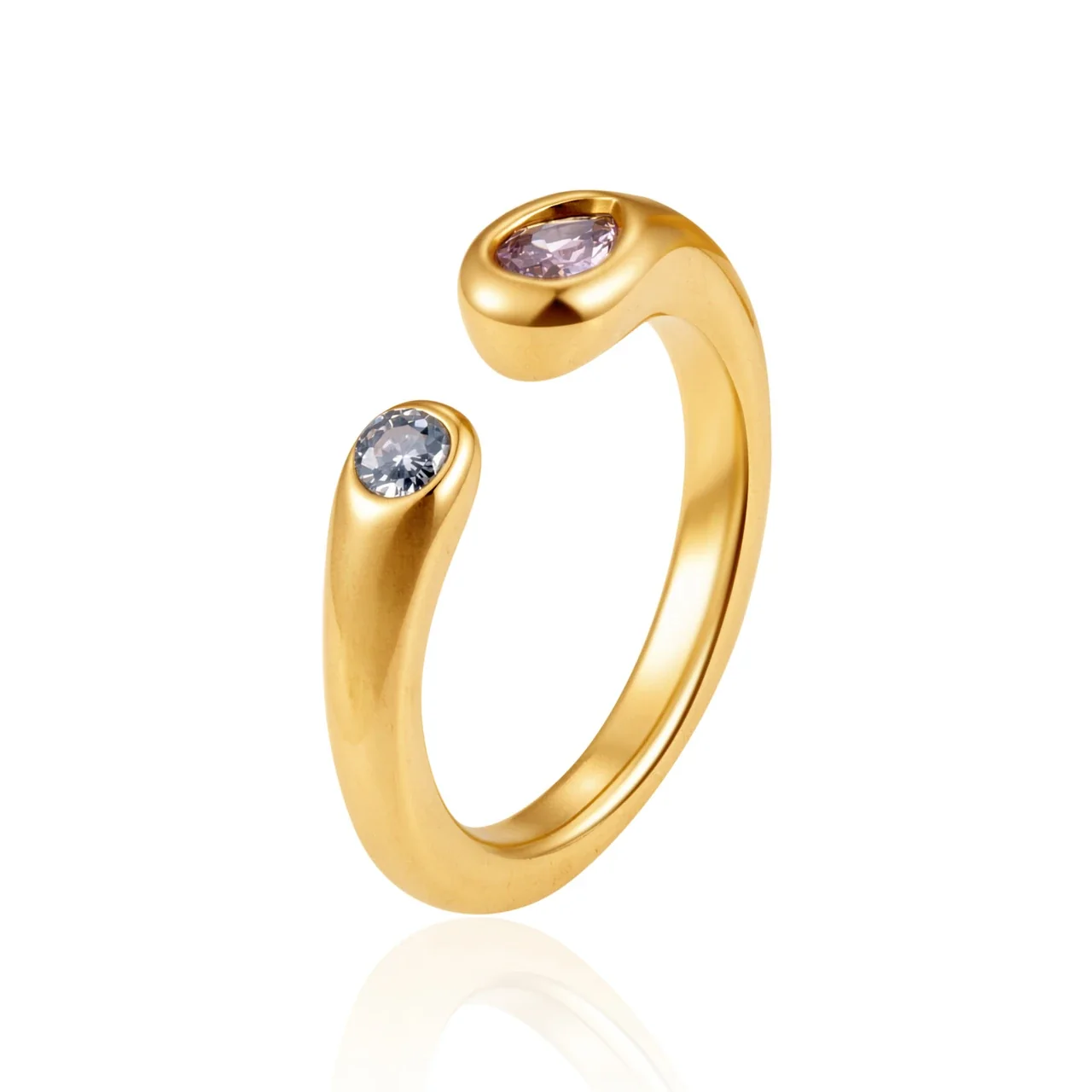 Playful 18K Gold-Plated Mixed Heart Bezel Open Ring - White and Pink Cubic Zirconia