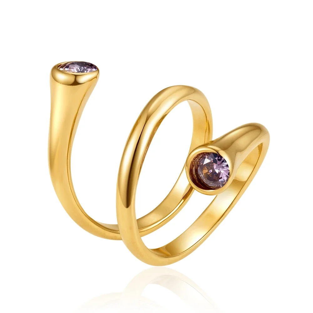 Playful 18K Gold-Plated Mixed Heart Bezel Open Ring - Pink Swirl Cubic Zirconia