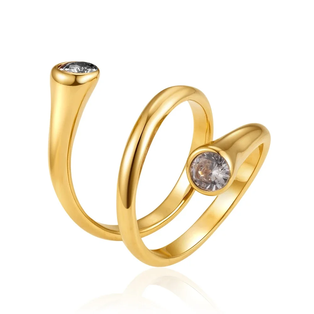 Playful 18K Gold-Plated Mixed Heart Bezel Open Ring - White Swirl Cubic Zirconia