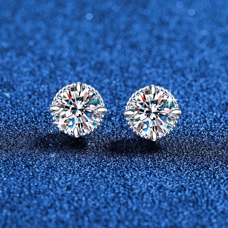 Radiant Round Prong-Set 925 Sterling Silver Stud Earrings - Silver Stud . ct Each Moissanite 4 mm