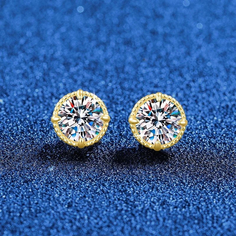 Radiant Round Prong-Set 925 Sterling Silver Stud Earrings - Gold Stud . ct Each Moissanite 4 mm