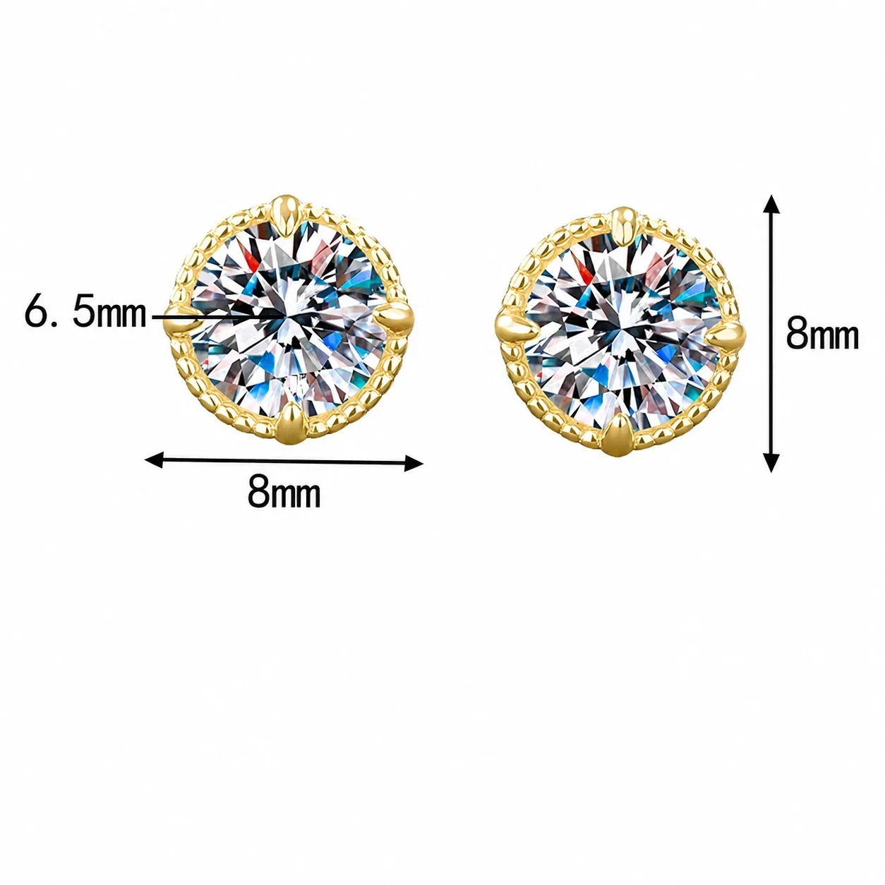 Radiant Round Prong-Set 925 Sterling Silver Stud Earrings - Gold Stud ct Each Moissanite 6.5 mm
