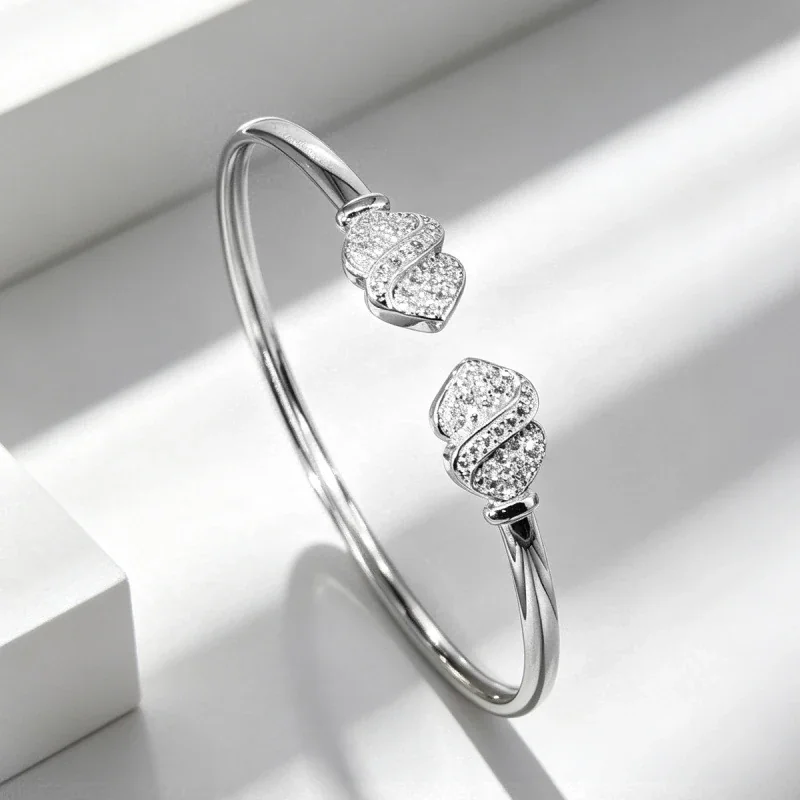 Sculptural 925 Sterling Silver Pavé Wave Open Bangle