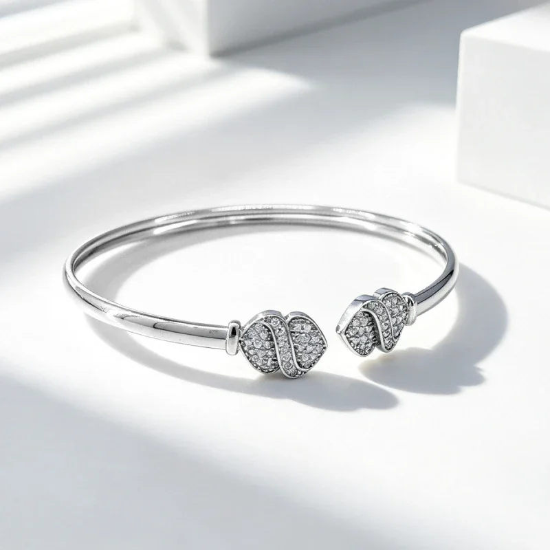 Sculptural 925 Sterling Silver Pavé Wave Open Bangle