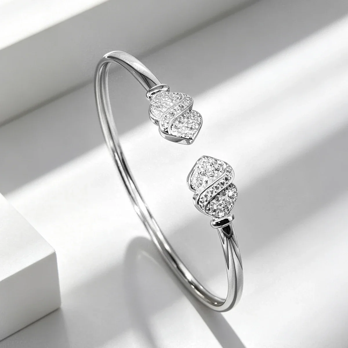 Sculptural 925 Sterling Silver Pavé Wave Open Bangle - Silver