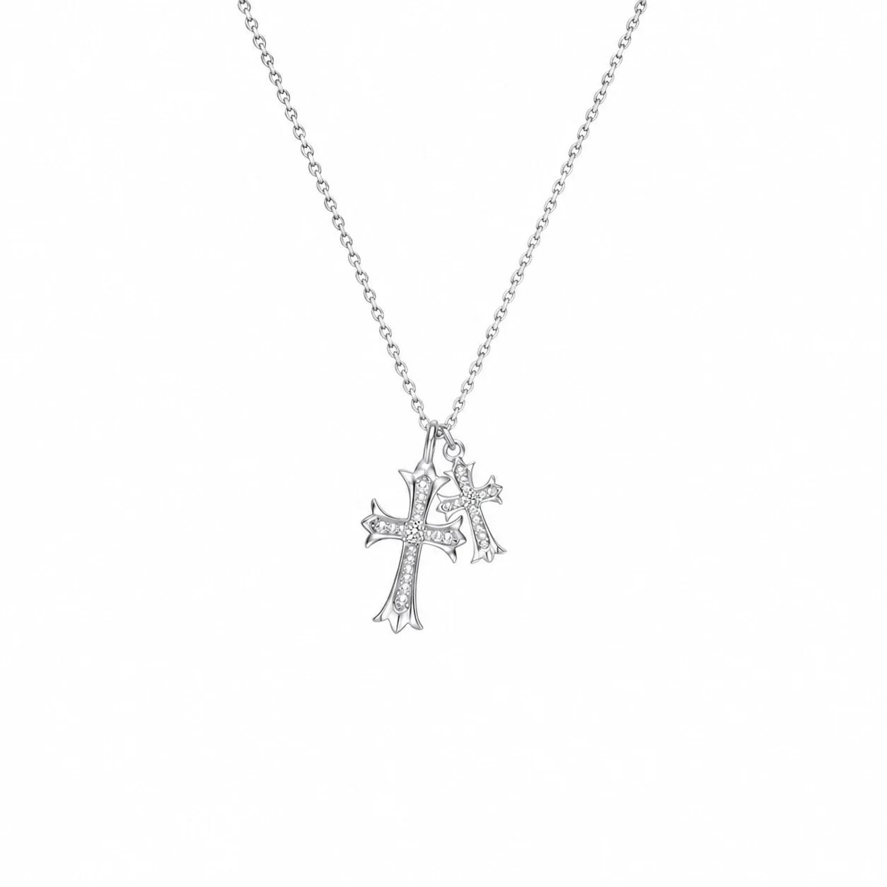 Gothic Silver-Plated Double Cross Pavé Copper Necklace