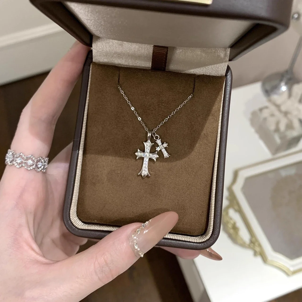 Gothic Silver-Plated Double Cross Pavé Copper Necklace