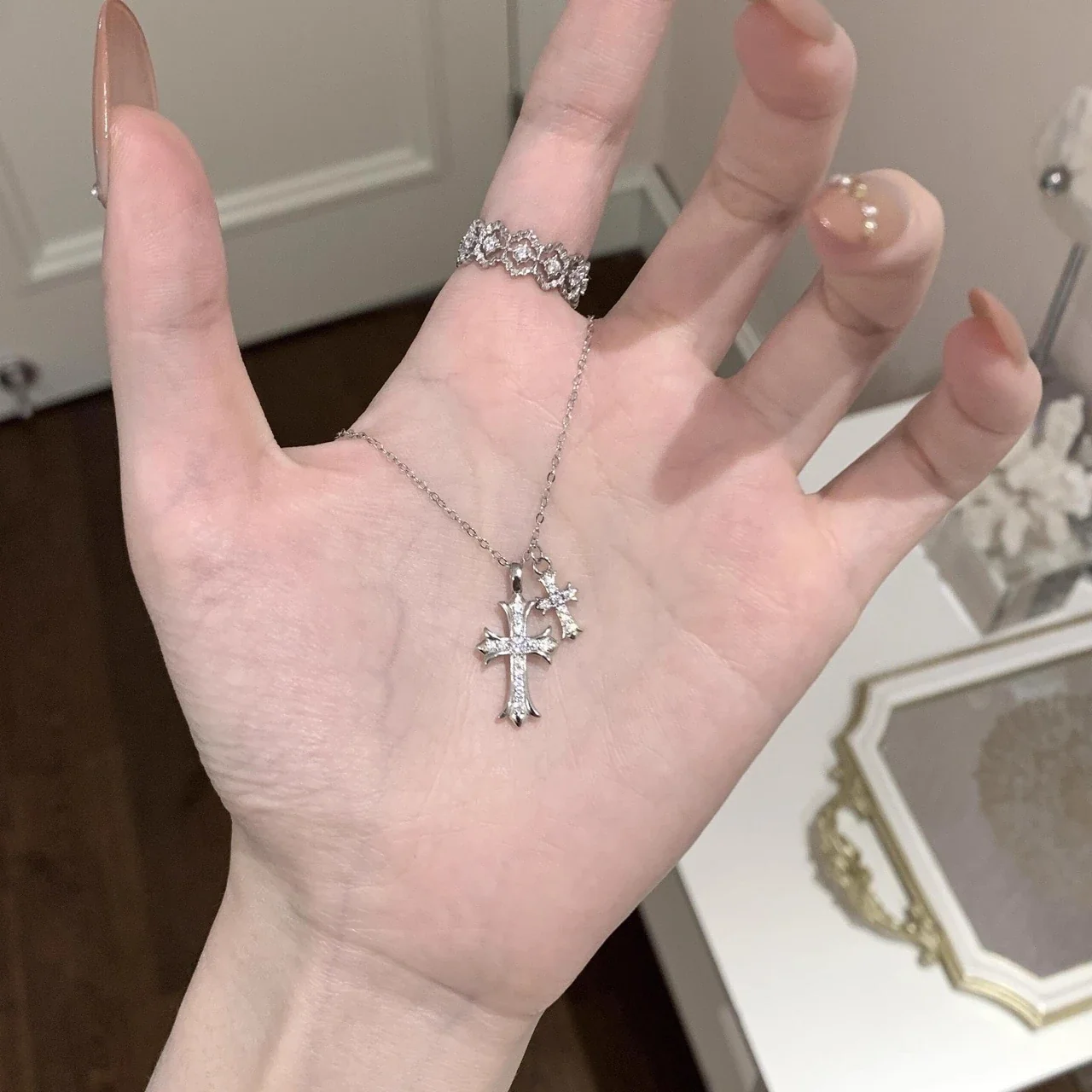 Gothic Silver-Plated Double Cross Pavé Copper Necklace
