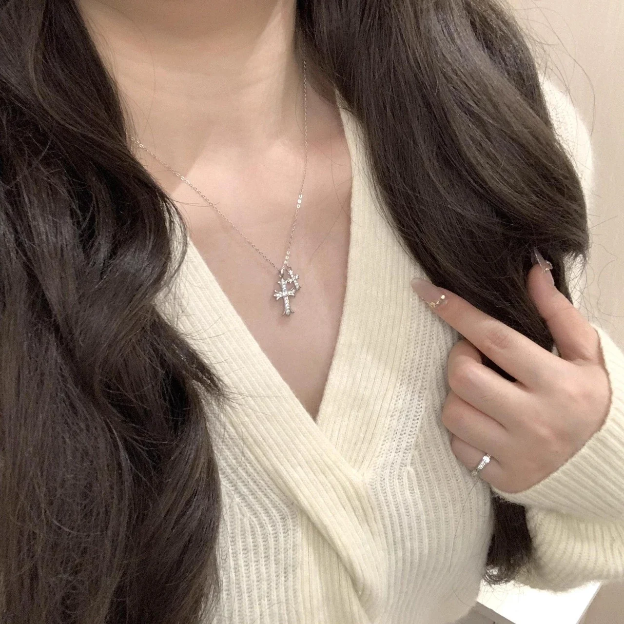 Gothic Silver-Plated Double Cross Pavé Copper Necklace