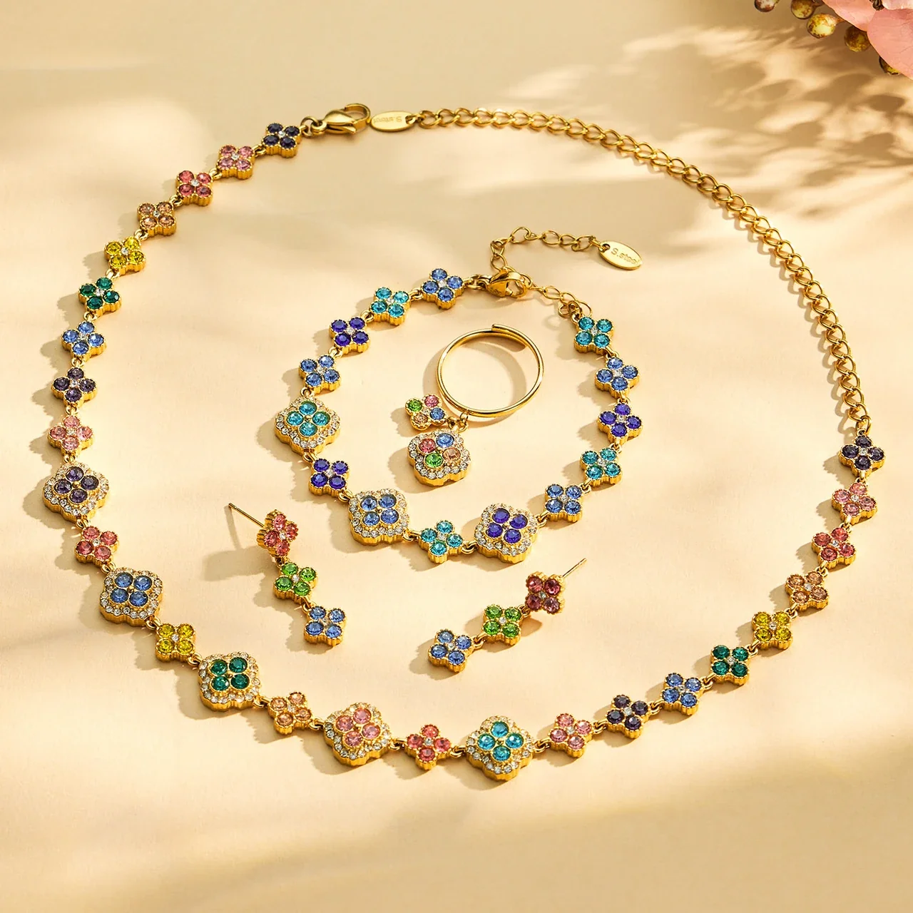 Ornate CZ Clover Station Stainless Steel Jewelry Set