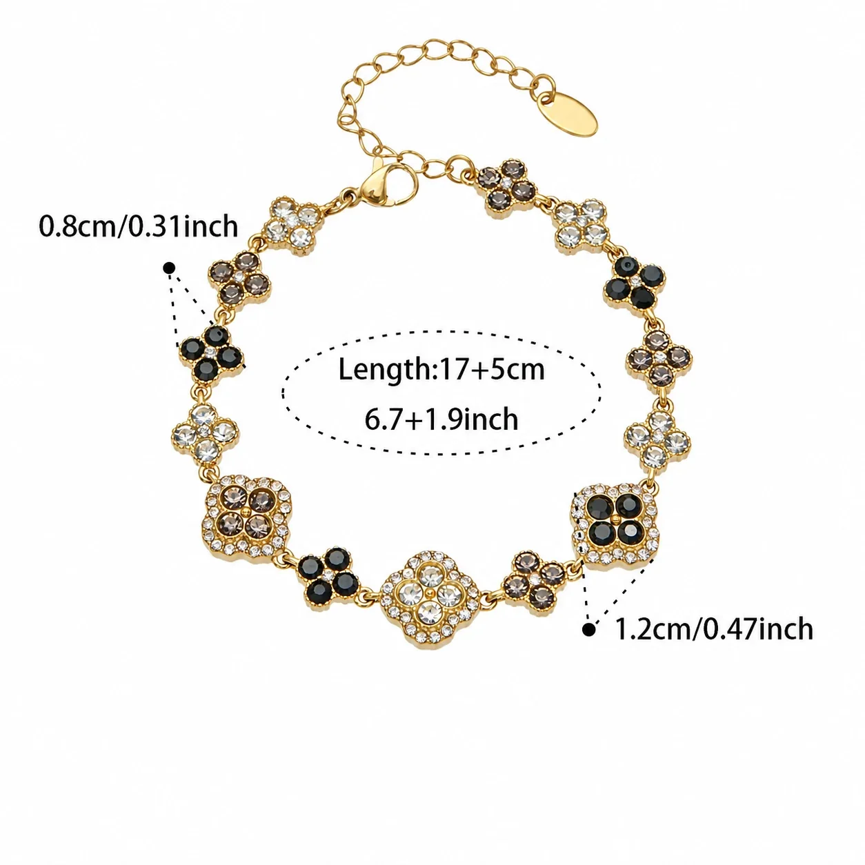 Ornate CZ Clover Station Stainless Steel Jewelry Set - Gold Black Gray CZ 17+5 cm