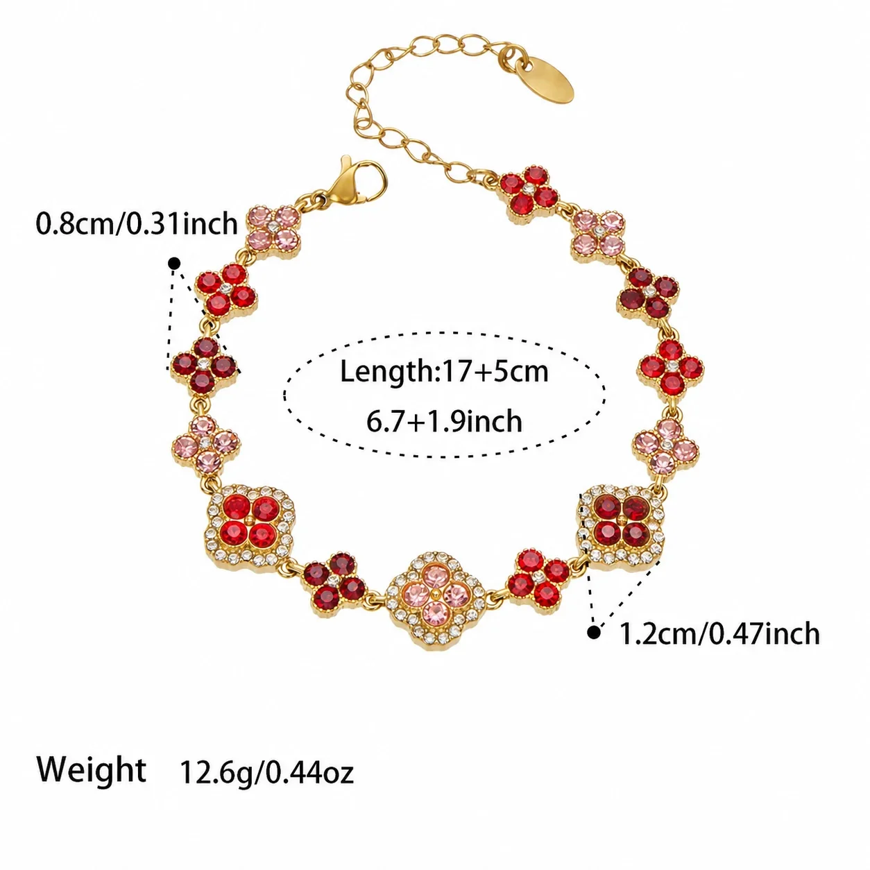 Ornate CZ Clover Station Stainless Steel Jewelry Set - Gold Red CZ 17+5 cm