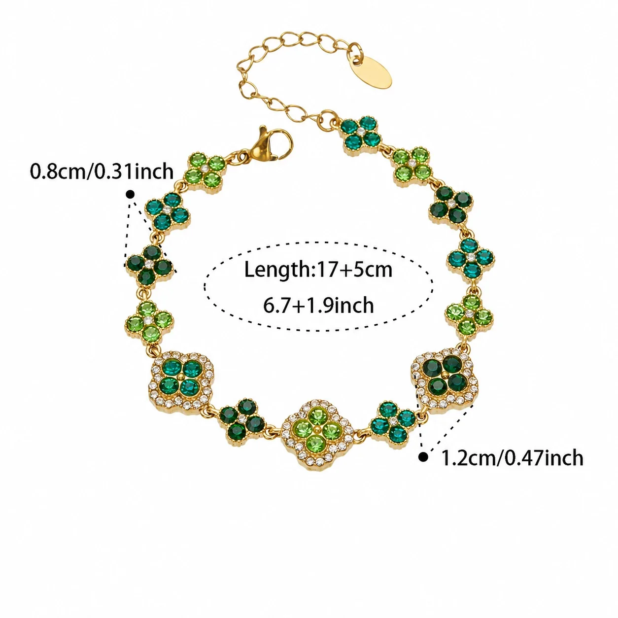 Ornate CZ Clover Station Stainless Steel Jewelry Set - Gold Green CZ 17+5 cm