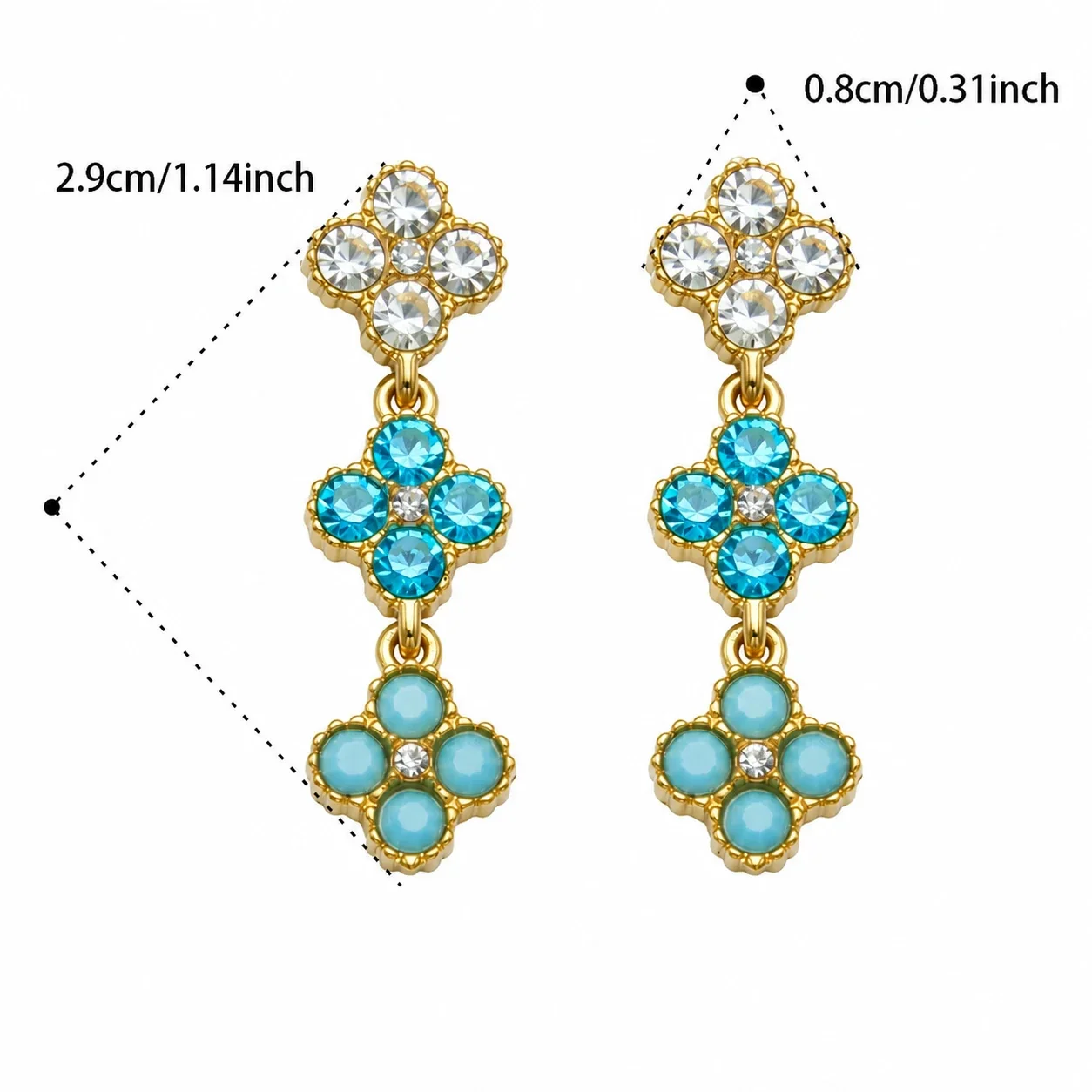Ornate CZ Clover Station Stainless Steel Jewelry Set - Gold Aqua CZ