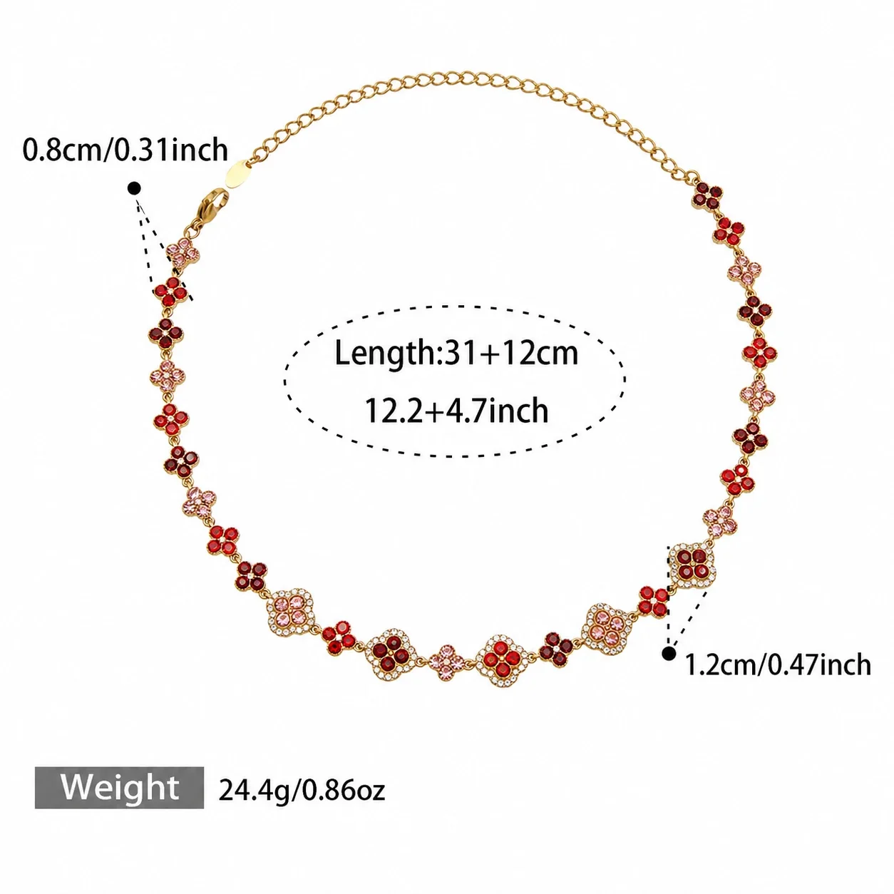 Ornate CZ Clover Station Stainless Steel Jewelry Set - Gold Red CZ 31+12 cm
