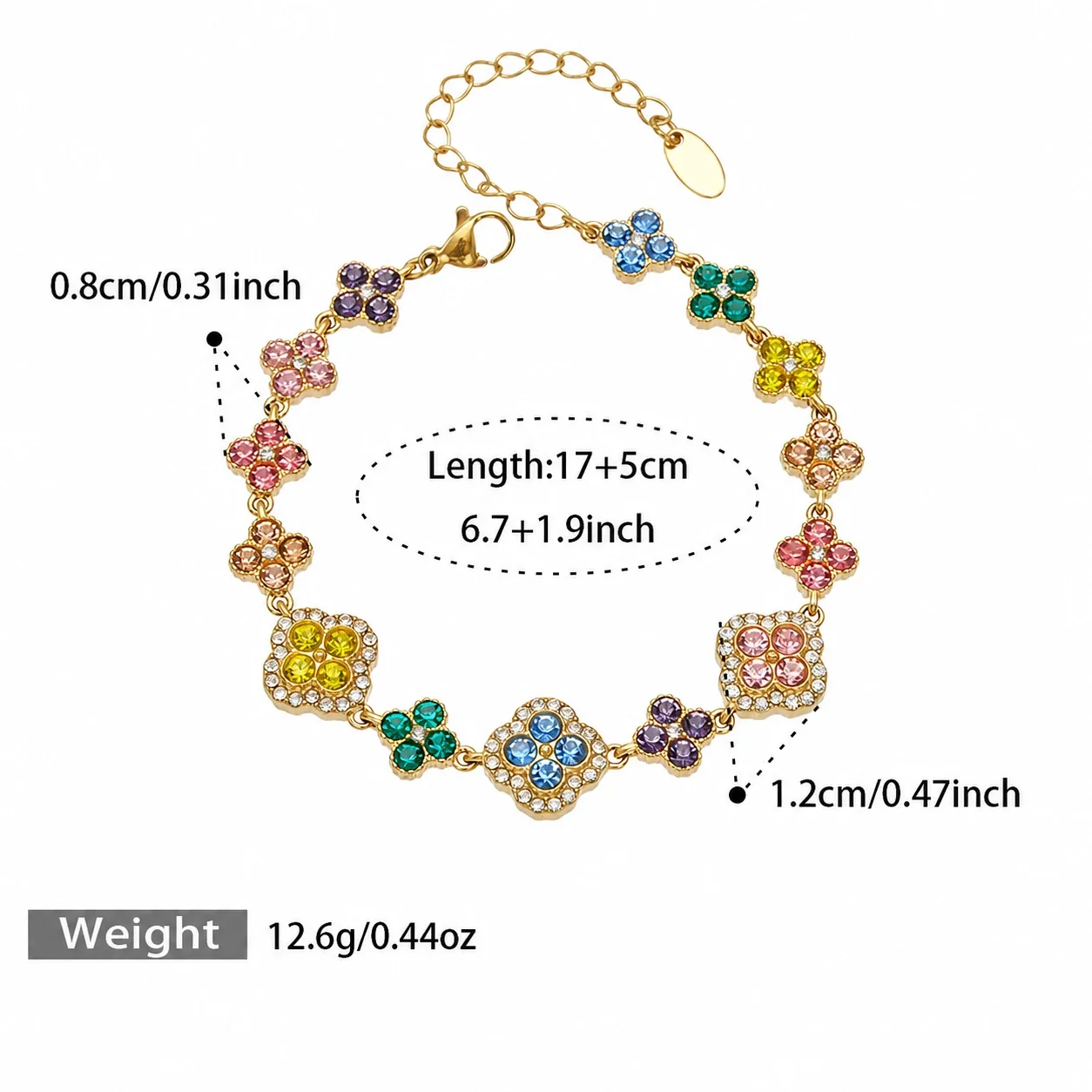 Ornate CZ Clover Station Stainless Steel Jewelry Set - Gold Multicolor CZ 17+5 cm
