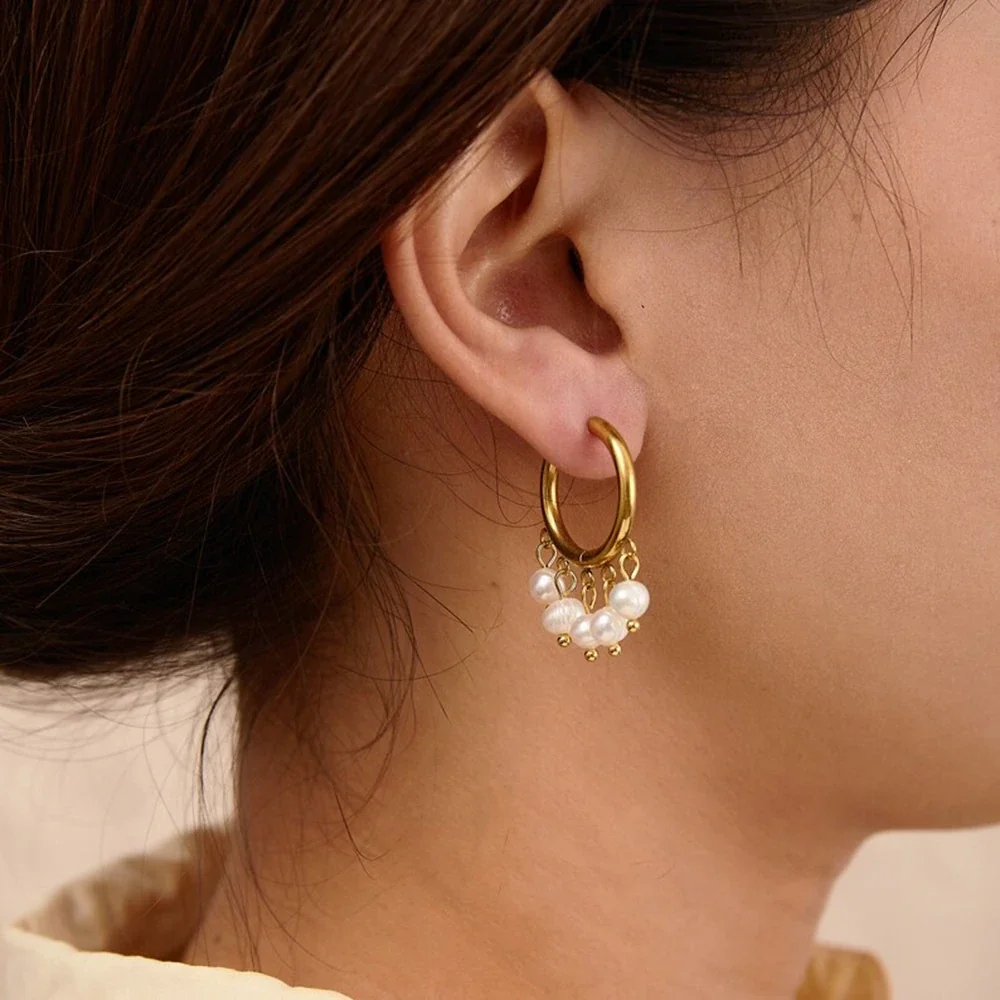 Luminous Stainless Steel Pearl Fringe Hoop Earrings