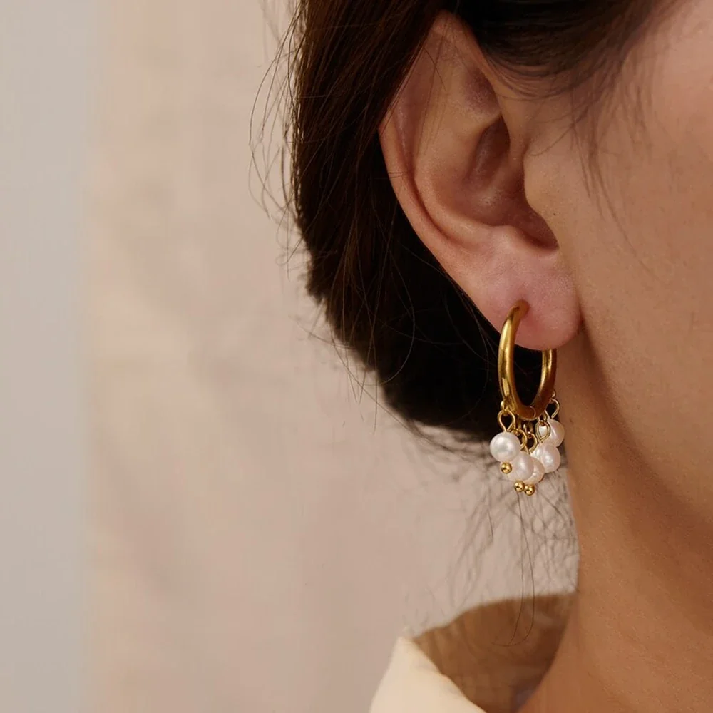 Luminous Stainless Steel Pearl Fringe Hoop Earrings