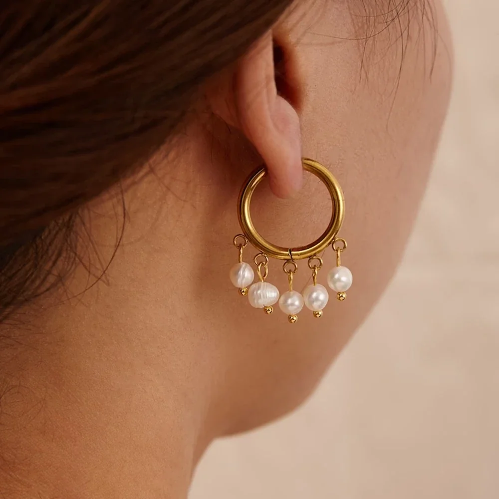 Luminous Stainless Steel Pearl Fringe Hoop Earrings