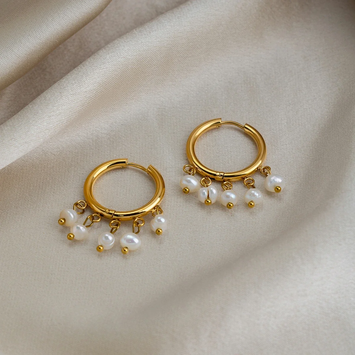 Luminous Stainless Steel Pearl Fringe Hoop Earrings