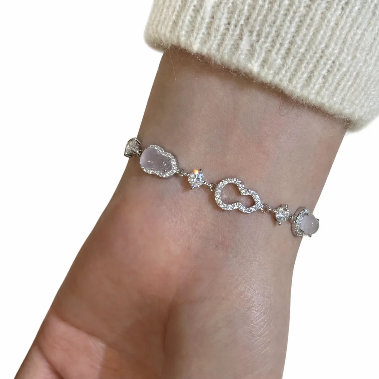 Delicate Silver-Plated Gourd CZ Station Copper Bracelet