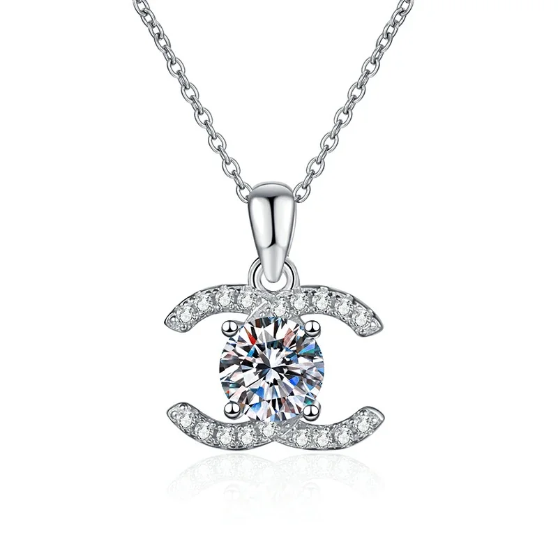 Crowned 925 Sterling Silver Round Prong Moissanite Necklace